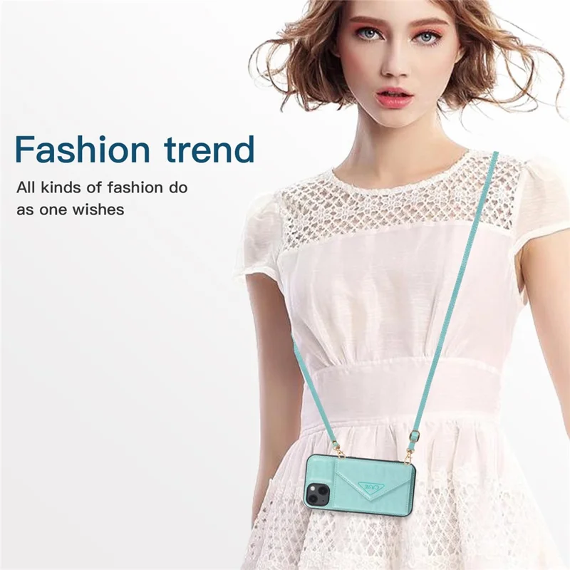 For iPhone 13 6.1 inch Cell Phone Case Card Bag Design PU+TPU Cover with Shoulder Strap - Green
