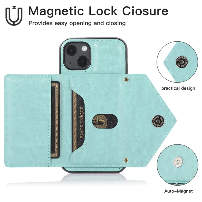 For iPhone 13 6.1 inch Cell Phone Case Card Bag Design PU+TPU Cover with Shoulder Strap - Green
