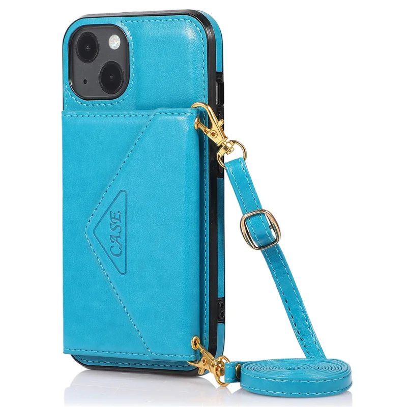 For iPhone 13 6.1 inch Cell Phone Case Card Bag Design PU+TPU Cover with Shoulder Strap - Blue