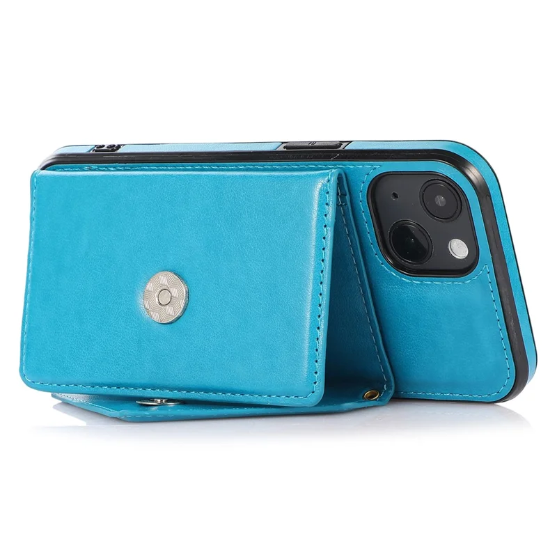 For iPhone 13 6.1 inch Cell Phone Case Card Bag Design PU+TPU Cover with Shoulder Strap - Blue