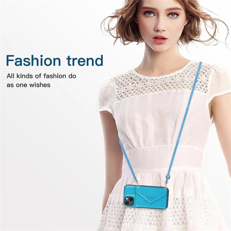 For iPhone 13 6.1 inch Cell Phone Case Card Bag Design PU+TPU Cover with Shoulder Strap - Blue