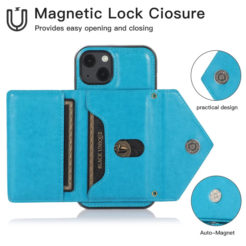 For iPhone 13 6.1 inch Cell Phone Case Card Bag Design PU+TPU Cover with Shoulder Strap - Blue