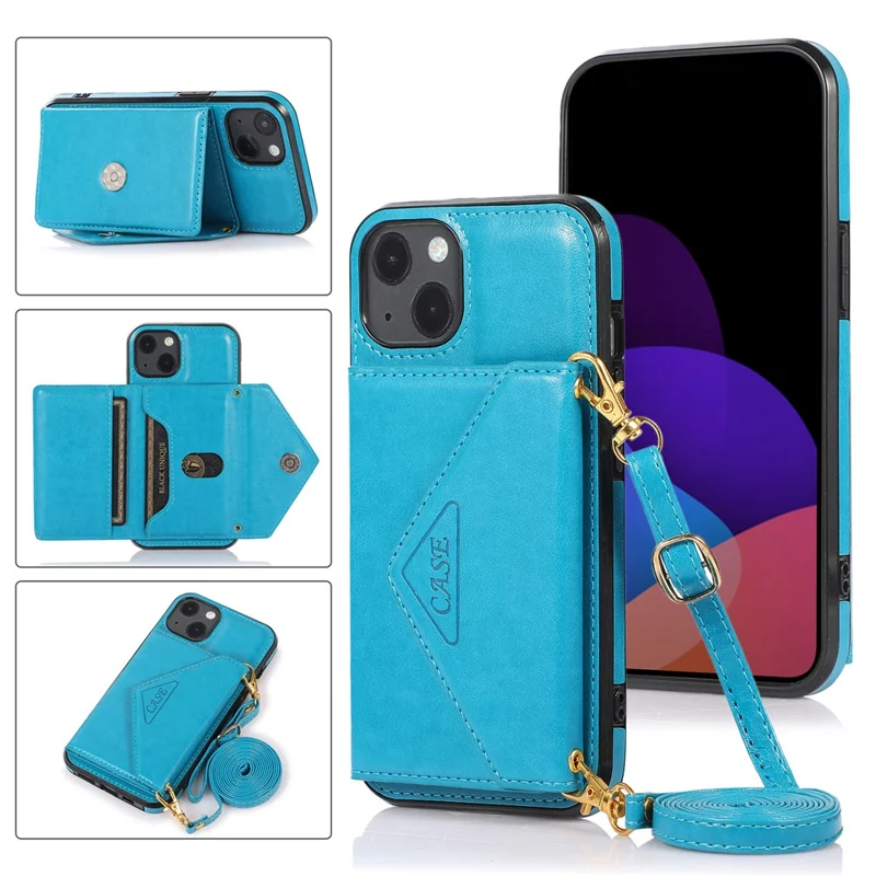For iPhone 13 6.1 inch Cell Phone Case Card Bag Design PU+TPU Cover with Shoulder Strap - Blue