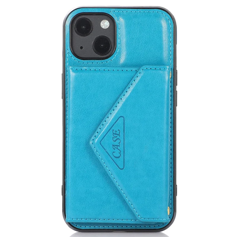 For iPhone 13 6.1 inch Cell Phone Case Card Bag Design PU+TPU Cover with Shoulder Strap - Blue