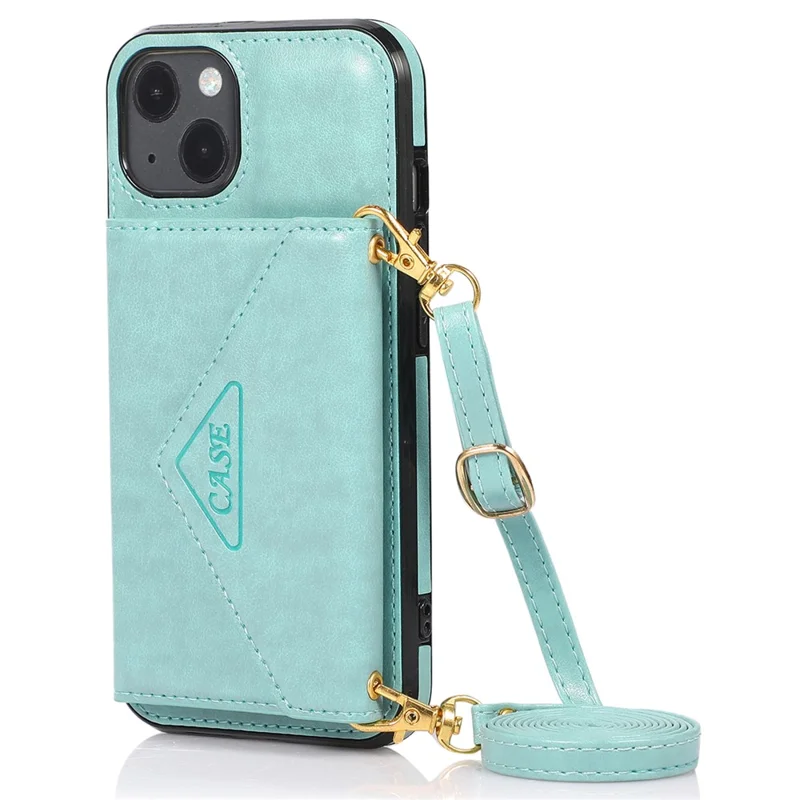 For iPhone 14 Plus Case Card Holder Kickstand PU+TPU Cellphone Cover with Shoulder Strap - Green