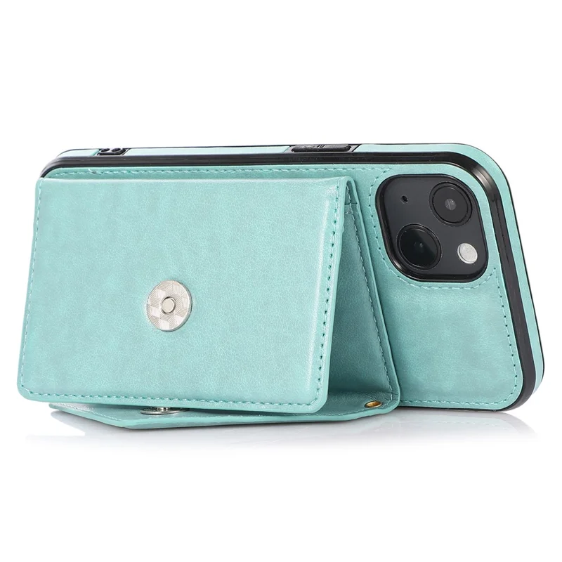 For iPhone 14 Plus Case Card Holder Kickstand PU+TPU Cellphone Cover with Shoulder Strap - Green