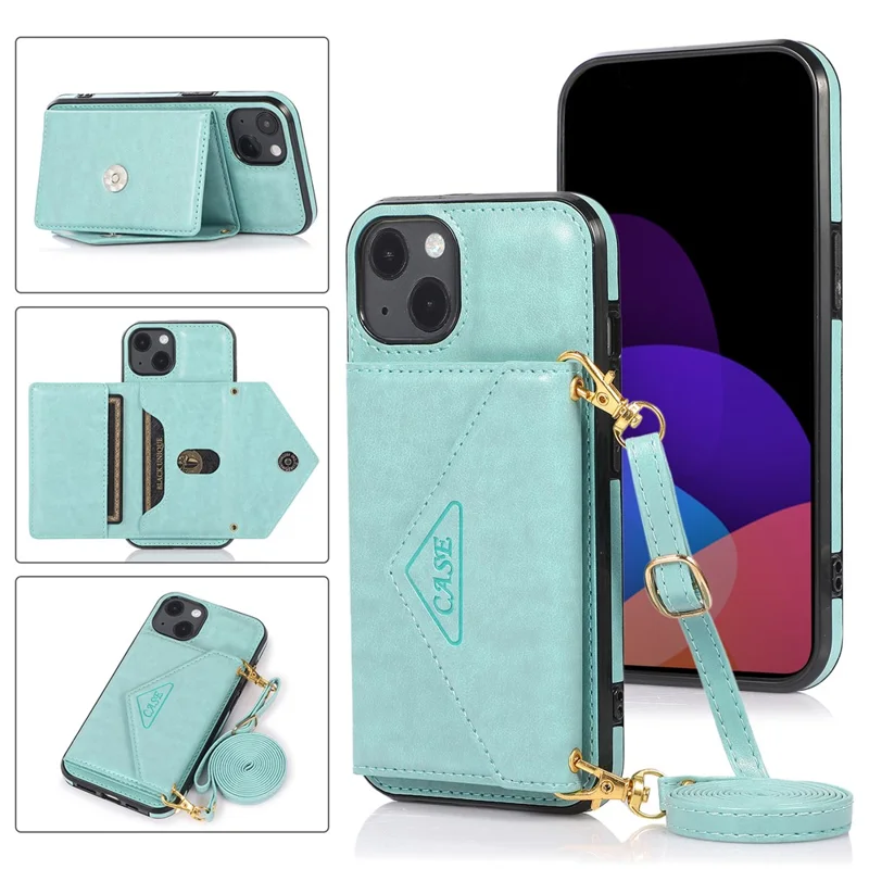For iPhone 14 Plus Case Card Holder Kickstand PU+TPU Cellphone Cover with Shoulder Strap - Green
