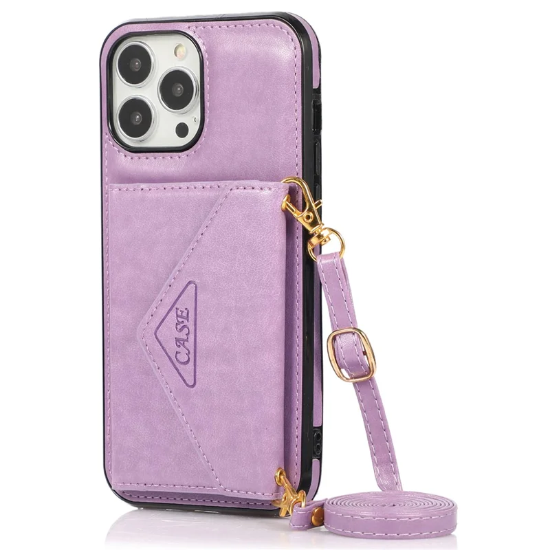 For iPhone 15 Pro Case Card Holder Drop-proof PU+TPU Phone Cover with Shoulder Strap - Purple