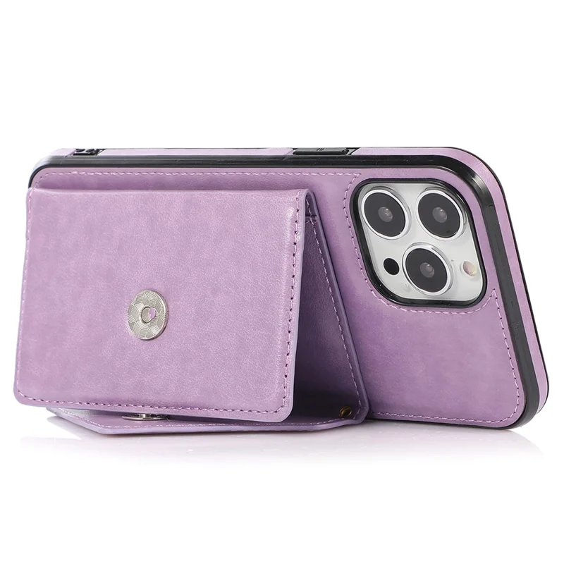 For iPhone 15 Pro Case Card Holder Drop-proof PU+TPU Phone Cover with Shoulder Strap - Purple
