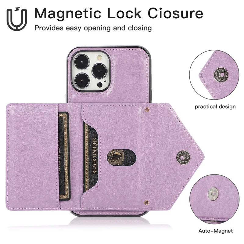 For iPhone 15 Pro Case Card Holder Drop-proof PU+TPU Phone Cover with Shoulder Strap - Purple
