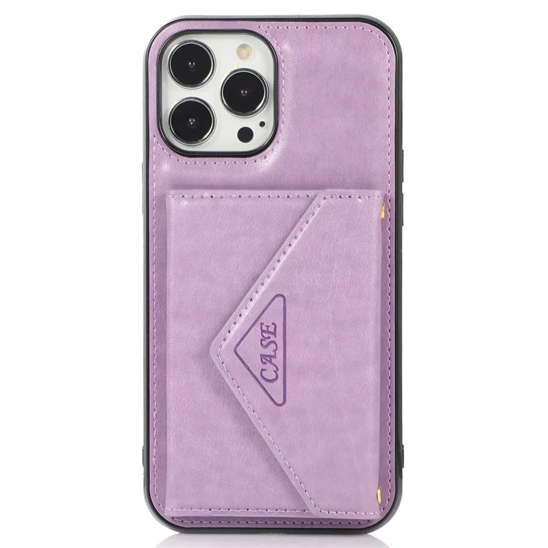 For iPhone 15 Pro Case Card Holder Drop-proof PU+TPU Phone Cover with Shoulder Strap - Purple