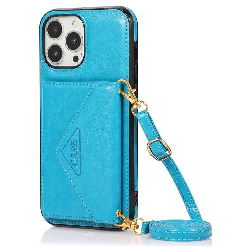 For iPhone 15 Pro Case Card Holder Drop-proof PU+TPU Telefoonhoesje met Schouderband - Blauw