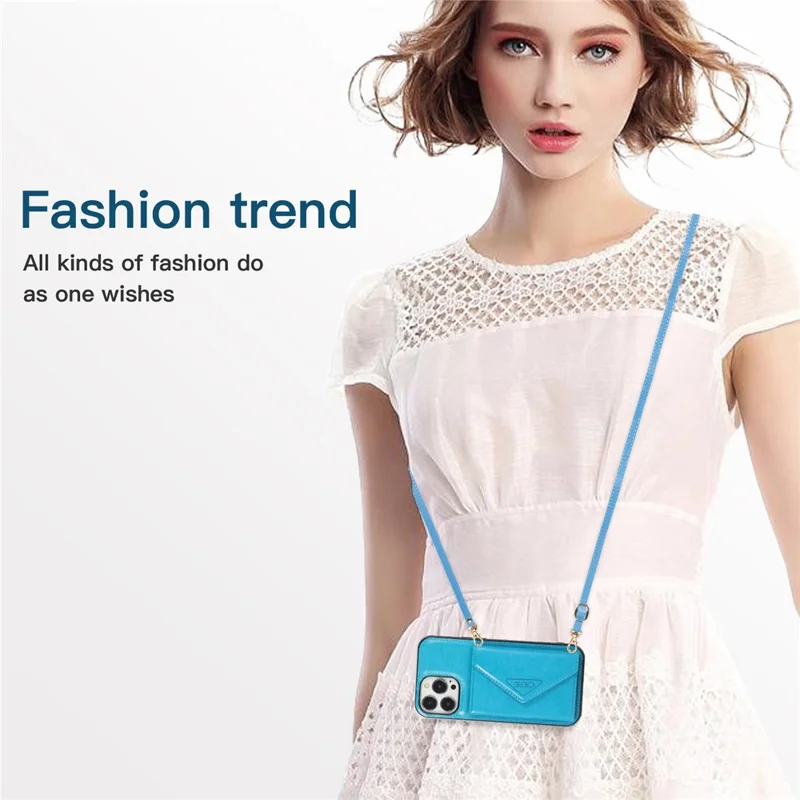 For iPhone 15 Pro Case Card Holder Drop-proof PU+TPU Telefoonhoesje met Schouderband - Blauw