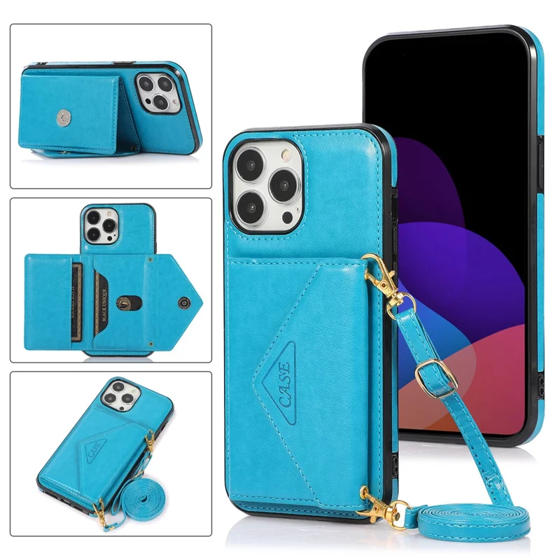 For iPhone 15 Pro Case Card Holder Drop-proof PU+TPU Telefoonhoesje met Schouderband - Blauw
