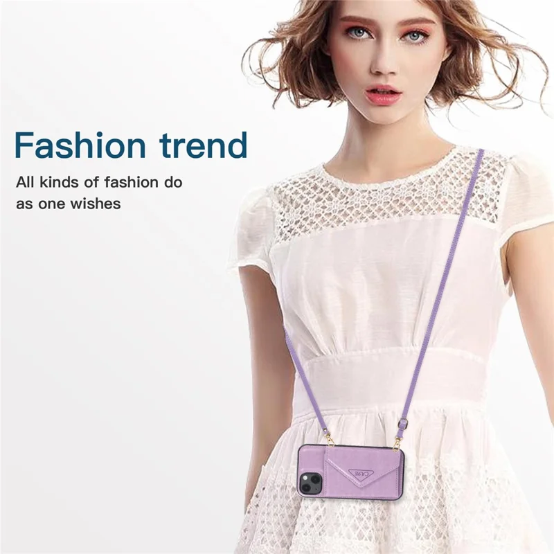 For iPhone 14 Cell Phone Case Triangle Lid Card Bag Leather+TPU Protective Crossbody Cover - Purple