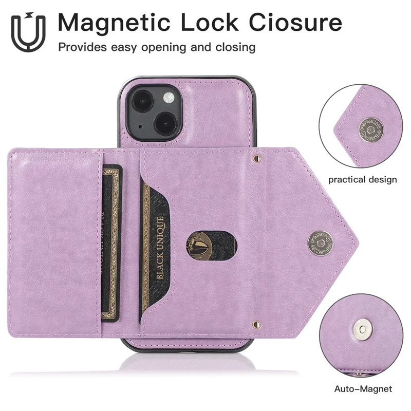For iPhone 14 Cell Phone Case Triangle Lid Card Bag Leather+TPU Protective Crossbody Cover - Purple
