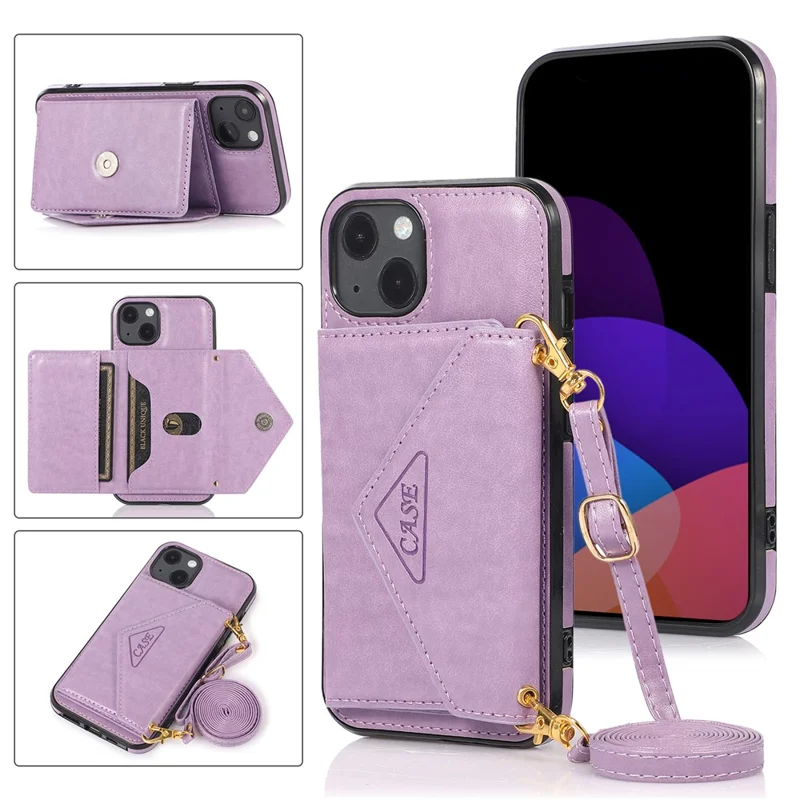 For iPhone 14 Cell Phone Case Triangle Lid Card Bag Leather+TPU Protective Crossbody Cover - Purple
