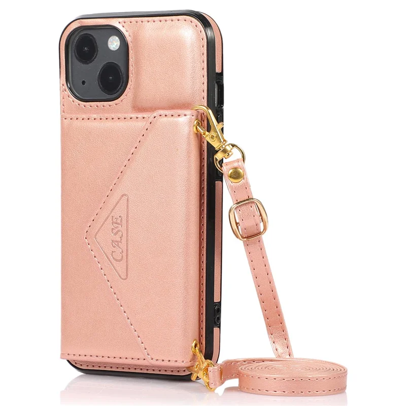 For iPhone 14 Cell Phone Case Triangle Lid Card Bag Leather+TPU Protective Crossbody Cover - Rose Gold