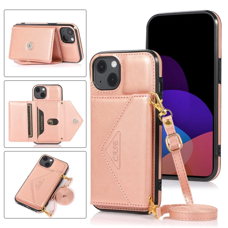 For iPhone 14 Cell Phone Case Triangle Lid Card Bag Leather+TPU Protective Crossbody Cover - Rose Gold