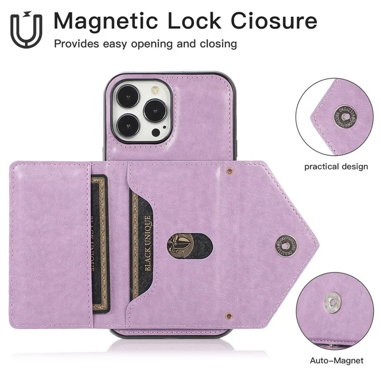 For iPhone 13 Pro 6.1 inch Cell Phone Case Leather+TPU Anti-shock Crossbody Cover with Card Bag - Purple