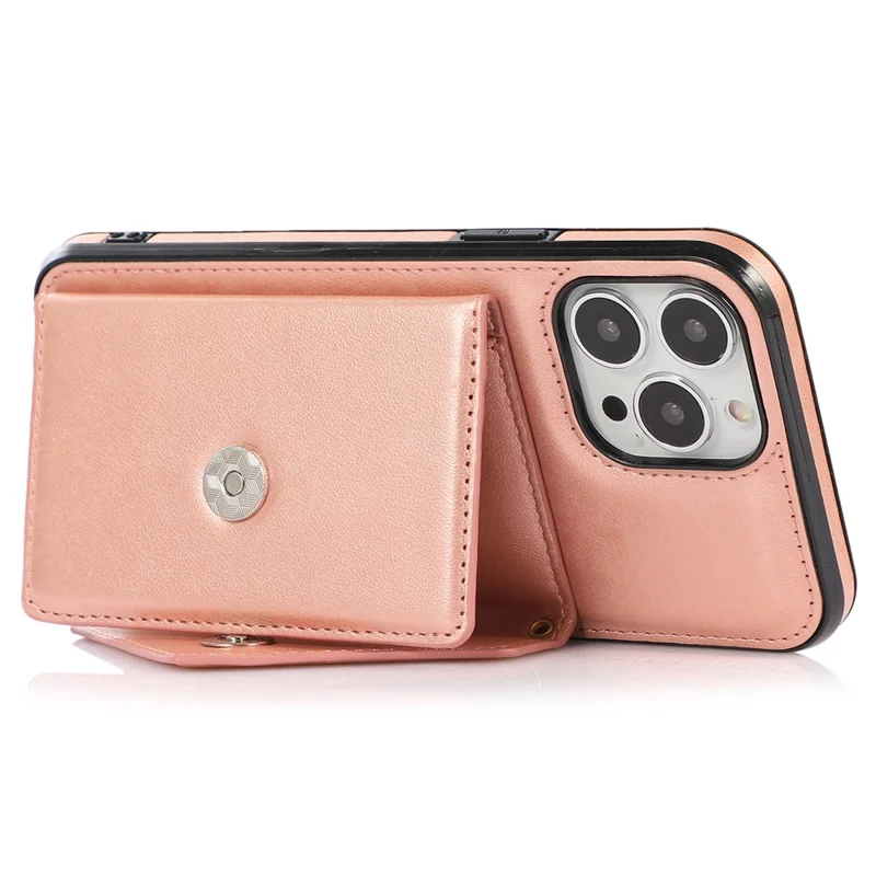 Para iPhone 14 Pro Case Card Holder Kickstand Leather+TPU Cover com Long Strap - Rose Gold