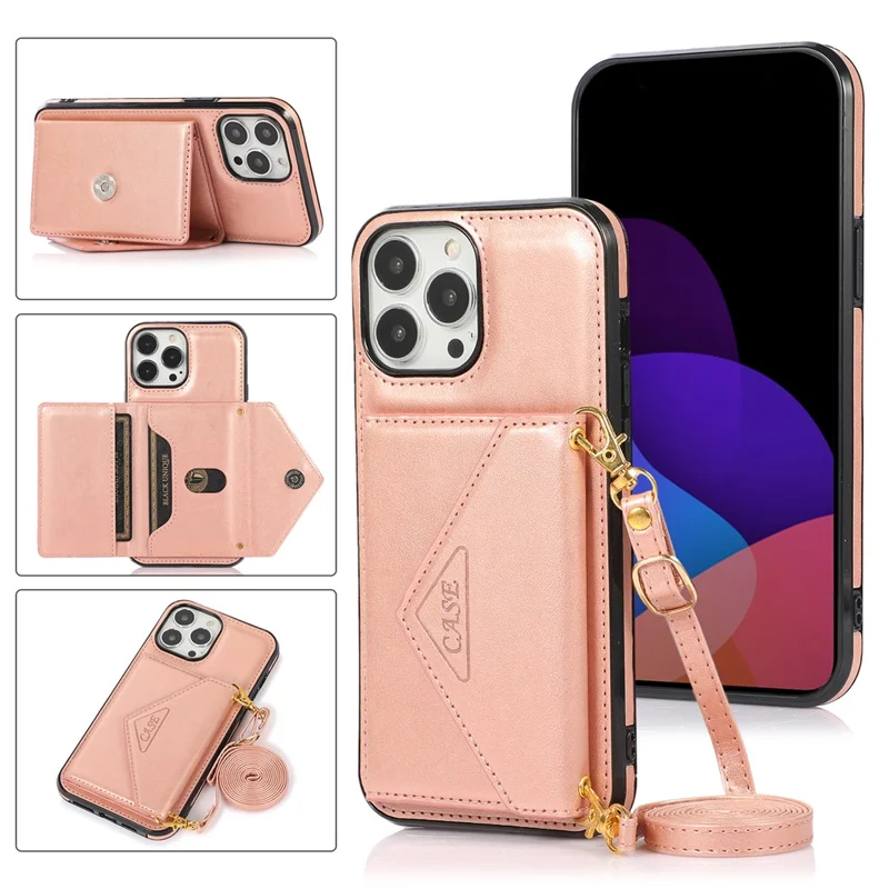 Para iPhone 14 Pro Case Card Holder Kickstand Leather+TPU Cover com Long Strap - Rose Gold