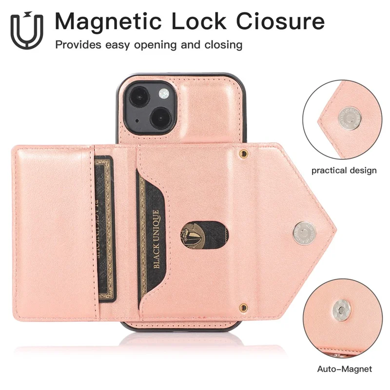 For iPhone 15 Plus Case PU Leather+TPU Card Holder Anti-fall Cover with Long Strap - Rose Gold