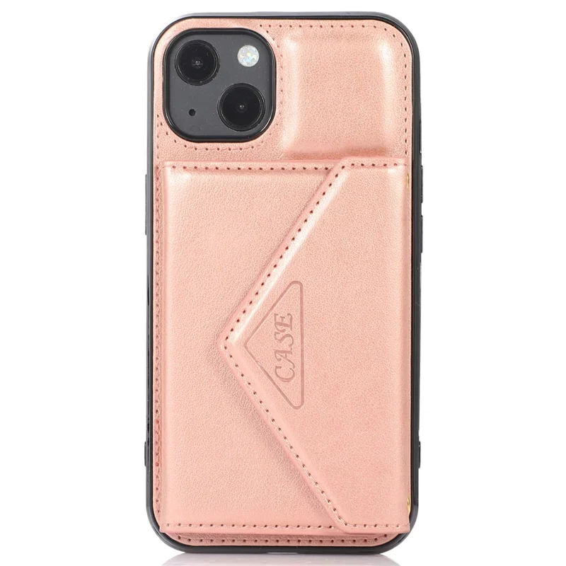 For iPhone 15 Plus Case PU Leather+TPU Card Holder Anti-fall Cover with Long Strap - Rose Gold