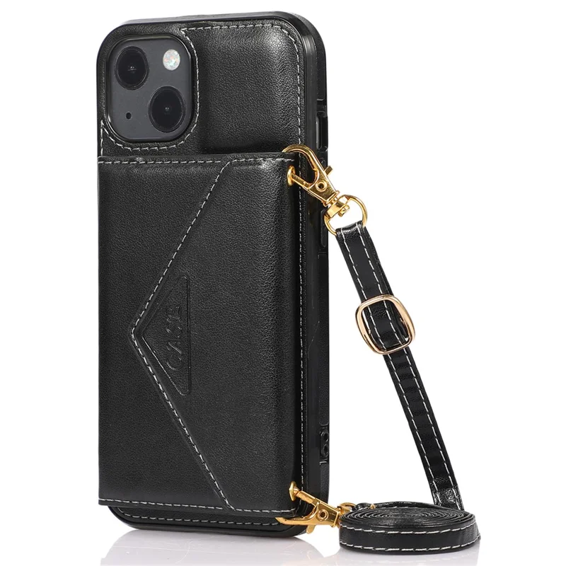 For iPhone 15 Plus Case PU Leather+TPU Card Holder Anti-fall Cover with Long Strap - Black