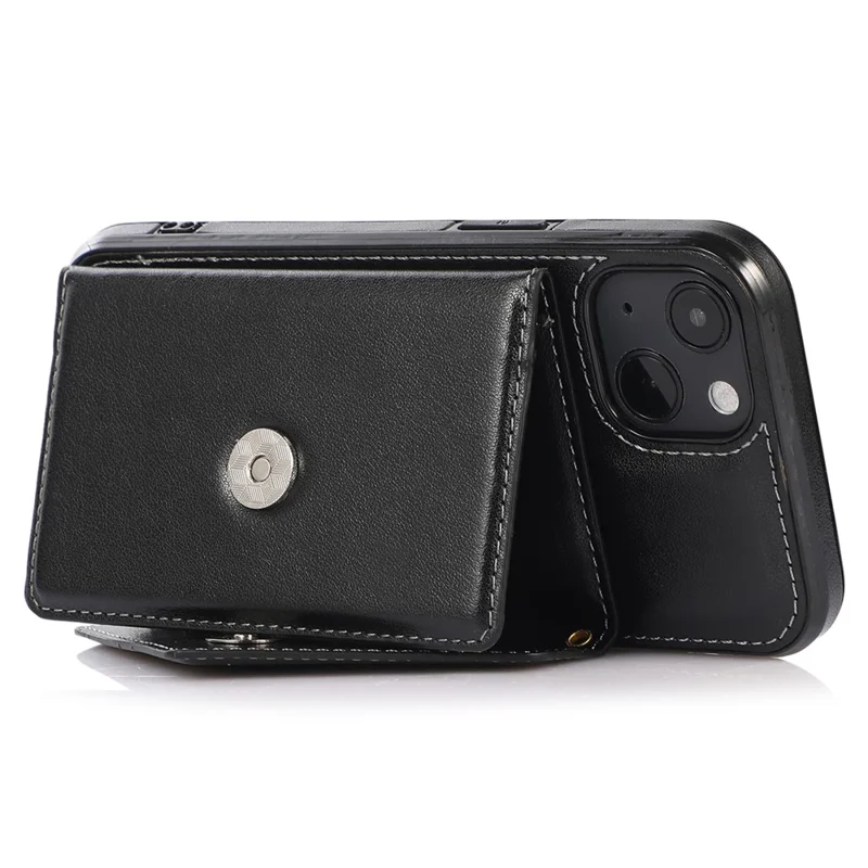 For iPhone 15 Plus Case PU Leather+TPU Card Holder Anti-fall Cover with Long Strap - Black