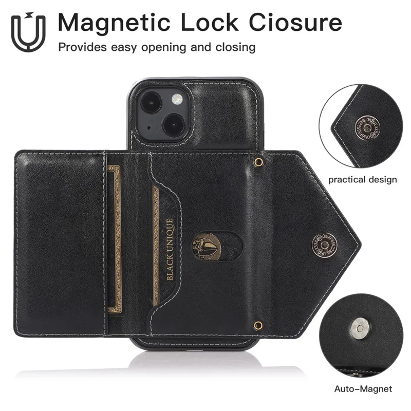 For iPhone 15 Plus Case PU Leather+TPU Card Holder Anti-fall Cover with Long Strap - Black