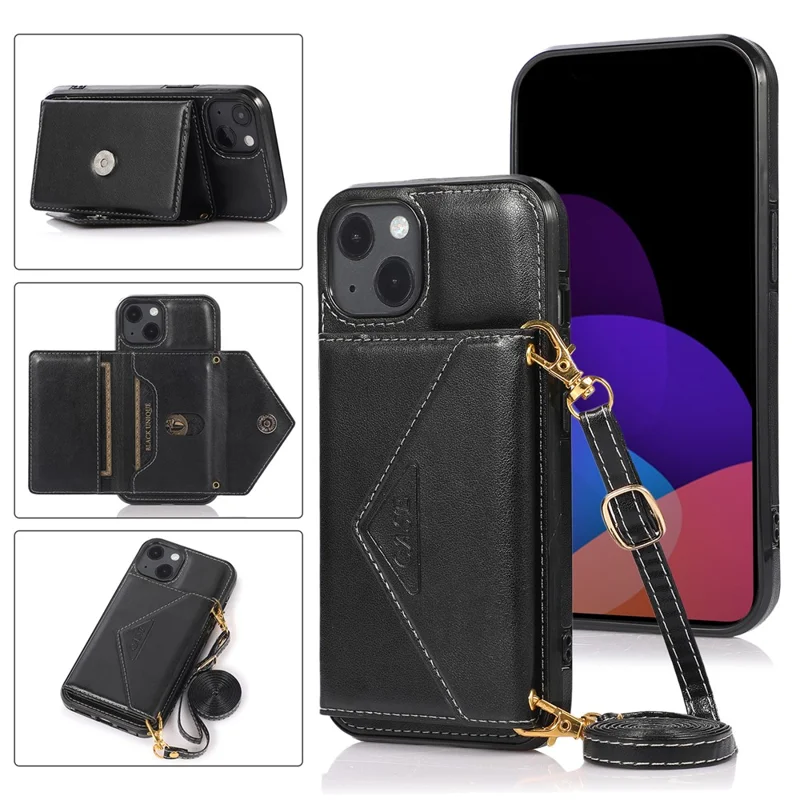 For iPhone 15 Plus Case PU Leather+TPU Card Holder Anti-fall Cover with Long Strap - Black