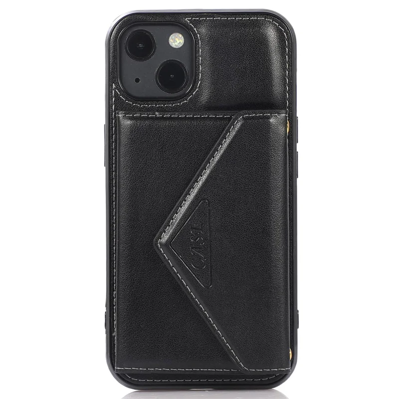 For iPhone 15 Plus Case PU Leather+TPU Card Holder Anti-fall Cover with Long Strap - Black