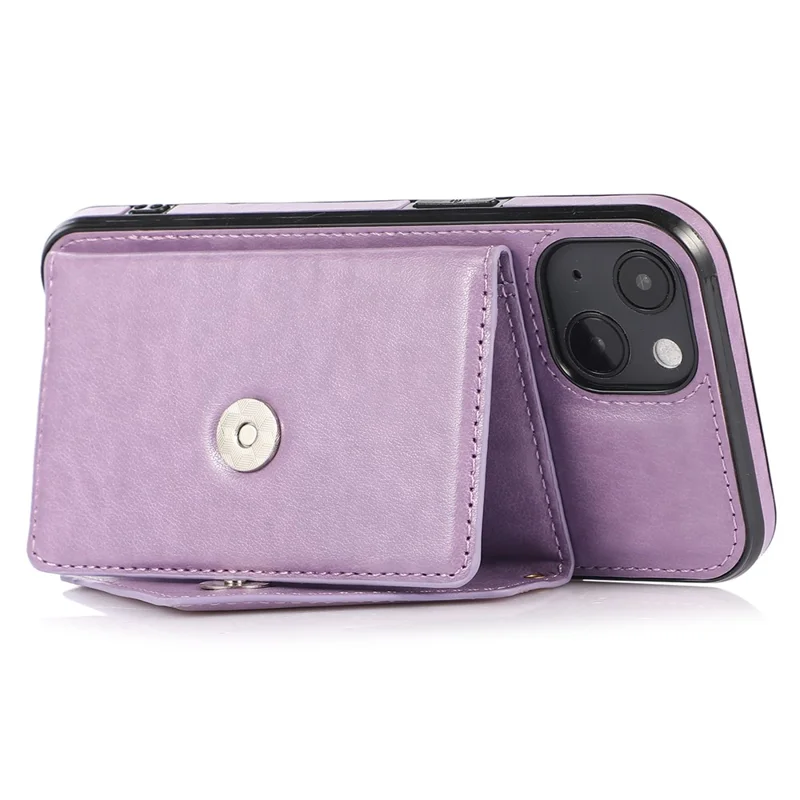 For iPhone 15 Cell Phone Case Triangle Lid Card Bag Leather+TPU Cover with Long Strap - Purple