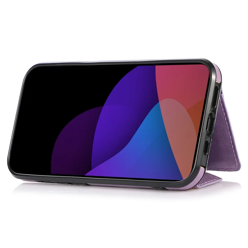 For iPhone 15 Cell Phone Case Triangle Lid Card Bag Leather+TPU Cover with Long Strap - Purple