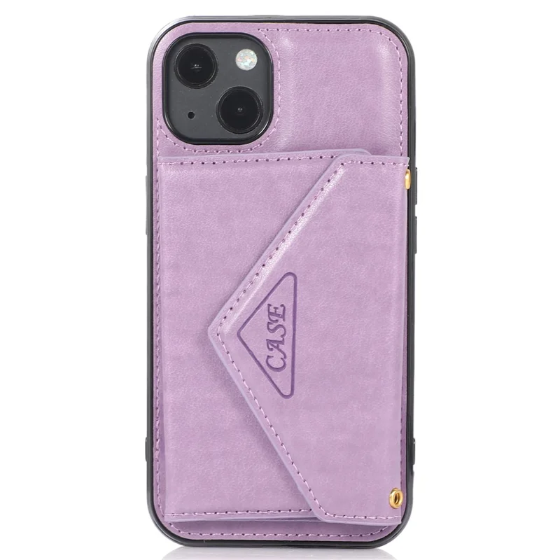 For iPhone 15 Cell Phone Case Triangle Lid Card Bag Leather+TPU Cover with Long Strap - Purple