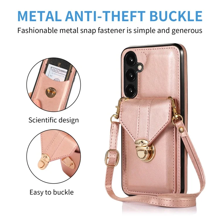 For Samsung Galaxy A15 5G Case Phone Pouch Shoulder Bag Card Holder PU Leather+TPU Cover - Rose Gold