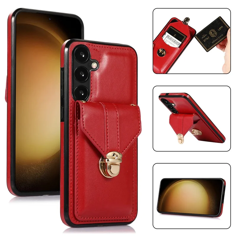 For Samsung Galaxy A15 5G Case Phone Pouch Shoulder Bag Card Holder PU Leather+TPU Cover - Red