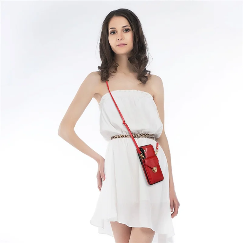 For Samsung Galaxy A15 5G Case Phone Pouch Shoulder Bag Card Holder PU Leather+TPU Cover - Red