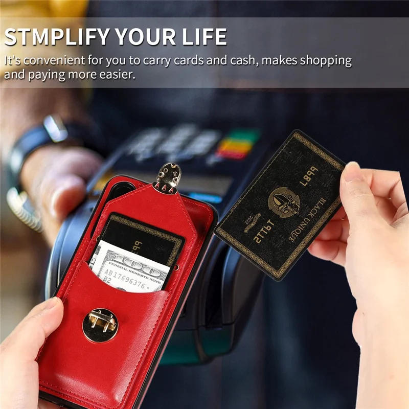 For Samsung Galaxy A15 5G Case Phone Pouch Shoulder Bag Card Holder PU Leather+TPU Cover - Red