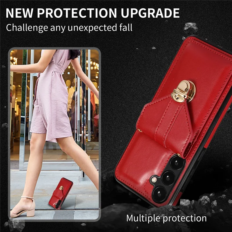 For Samsung Galaxy A15 5G Case Phone Pouch Shoulder Bag Card Holder PU Leather+TPU Cover - Red