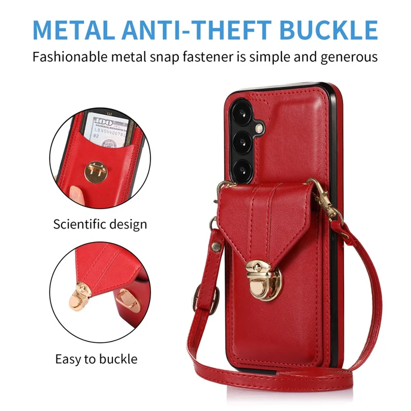 For Samsung Galaxy A15 5G Case Phone Pouch Shoulder Bag Card Holder PU Leather+TPU Cover - Red