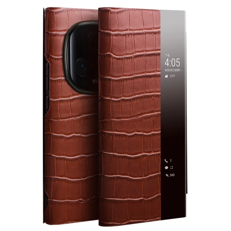 QIALINO Para Honor Magic5 Ultimate 5G Genuine Cow Leather Case View Window Flip Phone Cover - Marrom