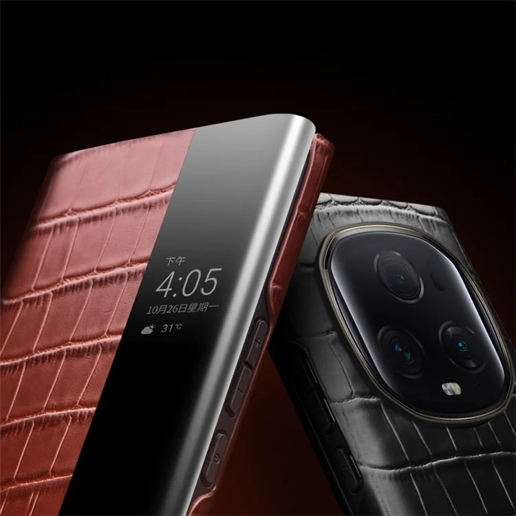 QIALINO Para Honor Magic5 Ultimate 5G Genuine Cow Leather Case View Window Flip Phone Cover - Marrom