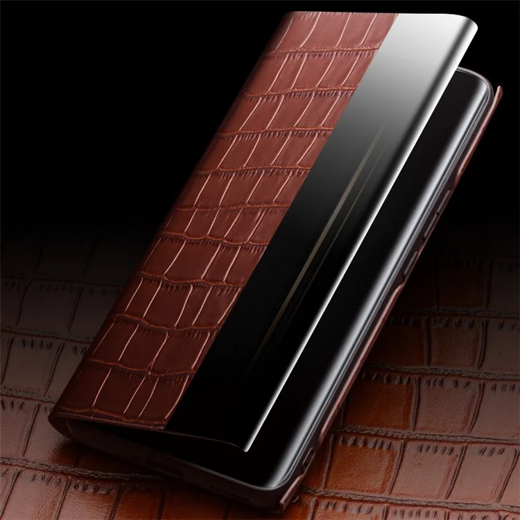QIALINO Para Honor Magic5 Ultimate 5G Genuine Cow Leather Case View Window Flip Phone Cover - Marrom