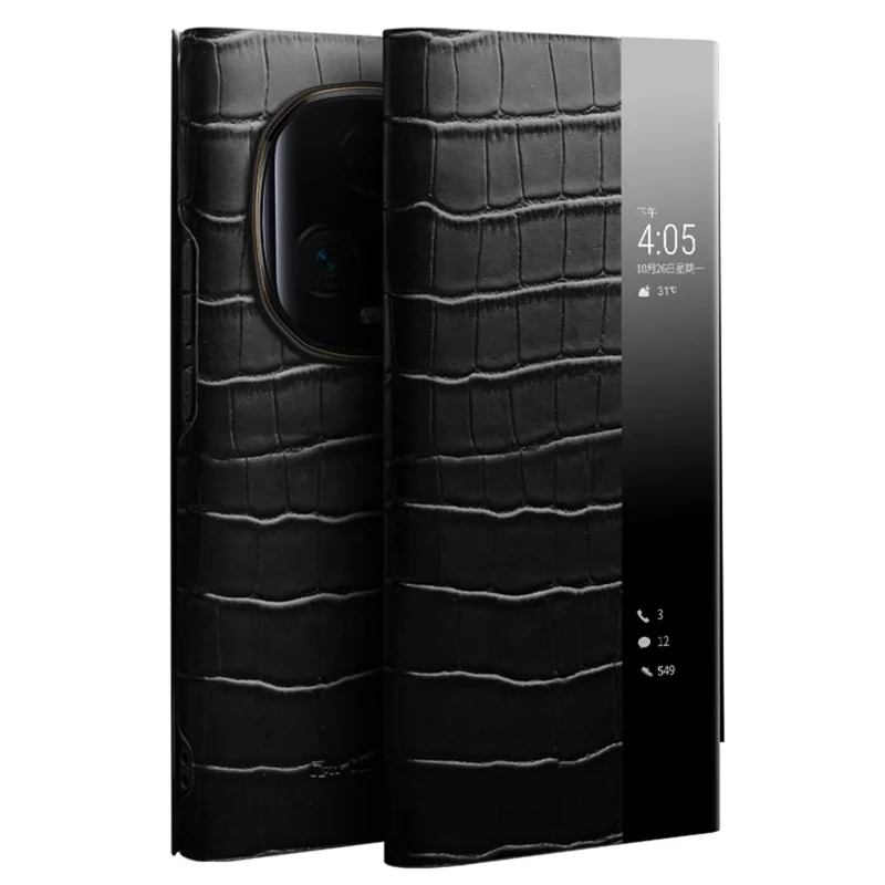QIALINO For Honor Magic5 Ultimate 5G Genuine Cow Leather Case View Window Flip Phone Cover - Black