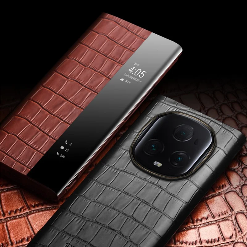 QIALINO For Honor Magic5 Ultimate 5G Genuine Cow Leather Case View Window Flip Phone Cover - Black