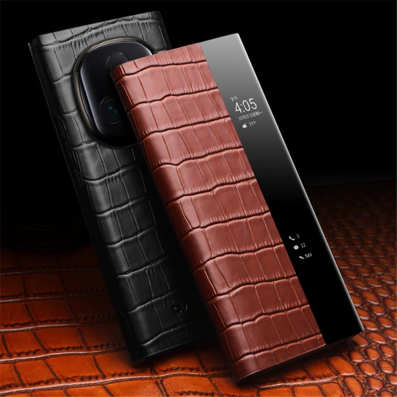 QIALINO For Honor Magic5 Ultimate 5G Genuine Cow Leather Case View Window Flip Phone Cover - Black