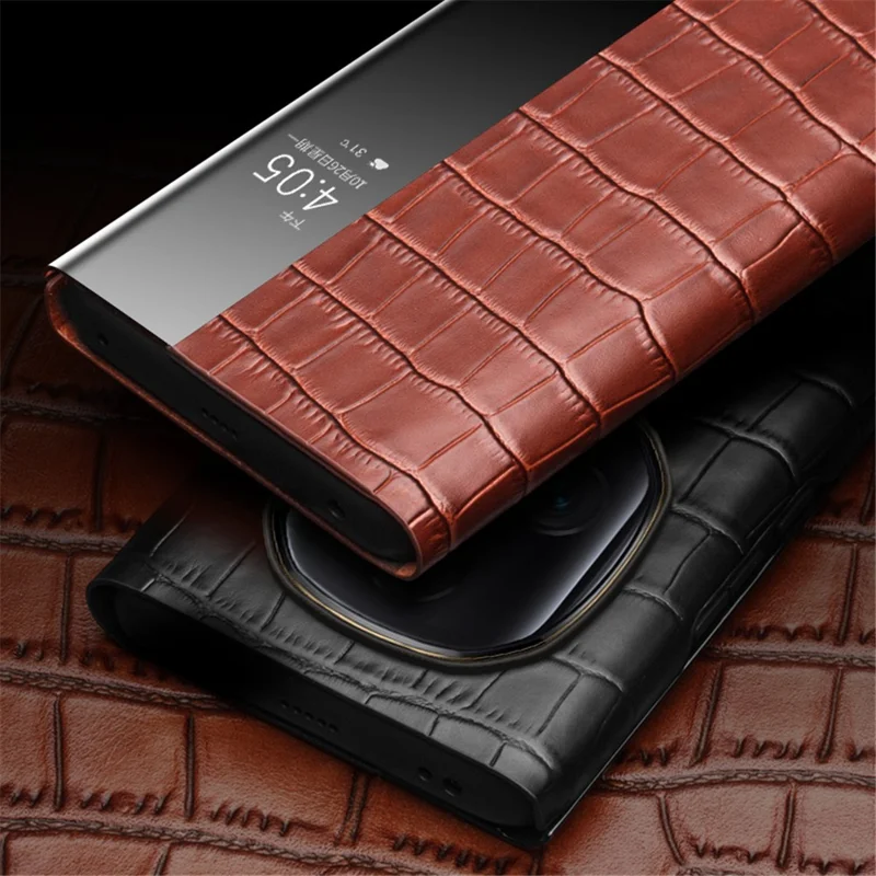 QIALINO For Honor Magic5 Ultimate 5G Genuine Cow Leather Case View Window Flip Phone Cover - Black