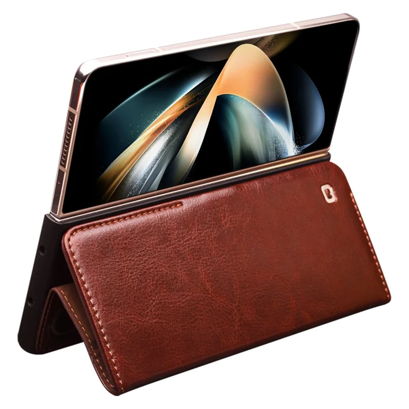 QIALINO Para Samsung Galaxy Z Fold4 5G Funda de Piel de Vaca Genuina Cartera Funda Magnética de Teléfono - Marrón